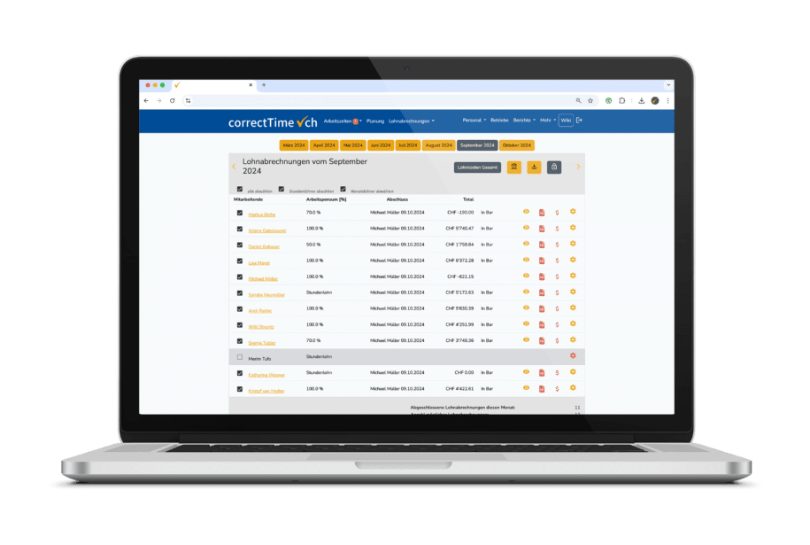 Ansicht Lohnabrechnungen nach Monat