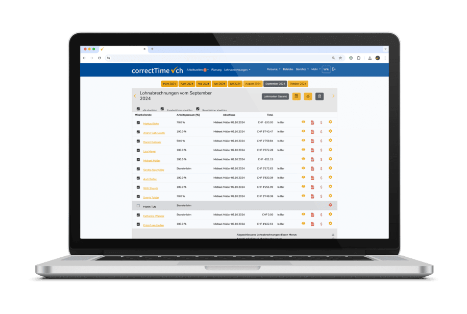 Ansicht Lohnabrechnungen nach Monat